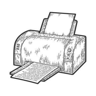 Kağıt çizimi üzerine yazıcı metin yazdırma vektör çizimi. Tişört giysisi baskısı tasarımı. Çizik tahtası taklidi. Siyah beyaz el çizimi resim.