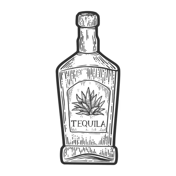 Tequila garrafa mexicana álcool esboço gravura vetor ilustração. T-shirt design de impressão de vestuário. Imitação de raspadinha. Imagem desenhada à mão preto e branco . — Vetor de Stock