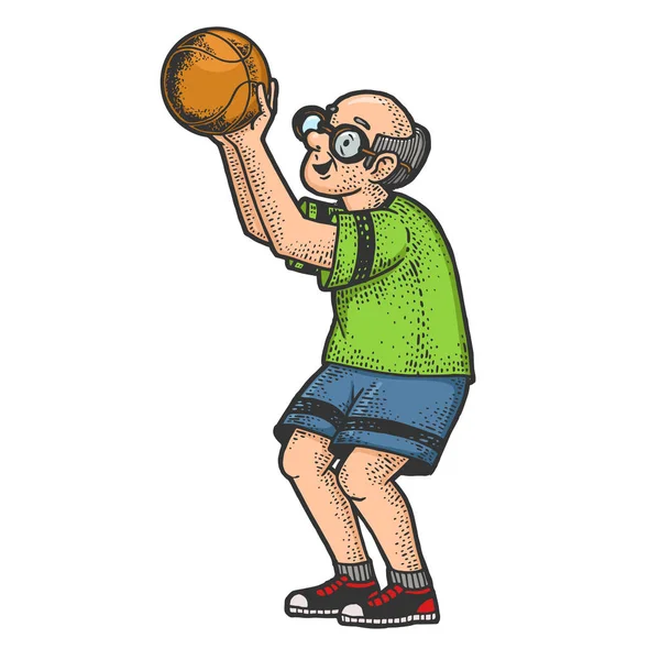 Vieil homme joueur de basket-ball croquis gravure vectorielle illustration. T-shirt imprimé design. Imitation de carte à gratter. Image dessinée à la main noir et blanc . — Image vectorielle