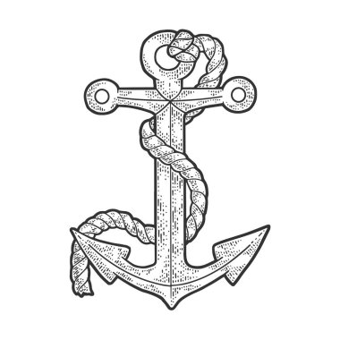 Çapa ve ip kabartma vektör çizimi. Tişört giysisi baskısı tasarımı. Çizik tahtası taklidi. Siyah beyaz el çizimi resim.