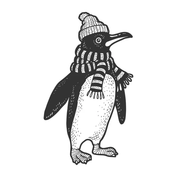 Penguin fågel hals är insvept i halsduk och vinter hatt skiss gravyr vektor illustration. T-shirt kläder tryck design. Skrapbrädesimitation. Svart och vit handritad bild. — Stock vektor