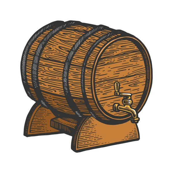 Vin bière en bois baril croquis gravure vectorielle illustration. T-shirt imprimé design. Imitation de carte à gratter. Image dessinée à la main noir et blanc . — Image vectorielle