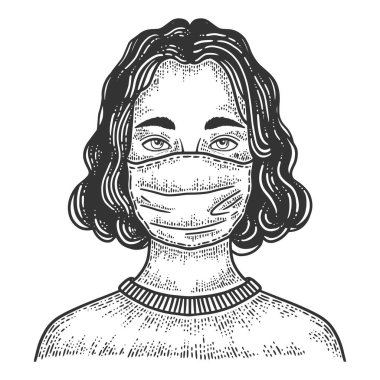 Tıbbi maske çizimi yapan genç bir kadın. Kabartma vektör çizimi. Tişört giysisi baskısı tasarımı. Çizik tahtası taklidi. Siyah beyaz el çizimi resim.