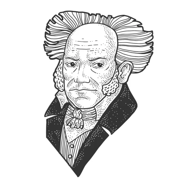 Arthur Schopenhauer portret schets graveervector illustratie. T-shirt kleding print ontwerp. Krasplank imitatie. Zwart en wit met de hand getekend afbeelding. — Stockvector