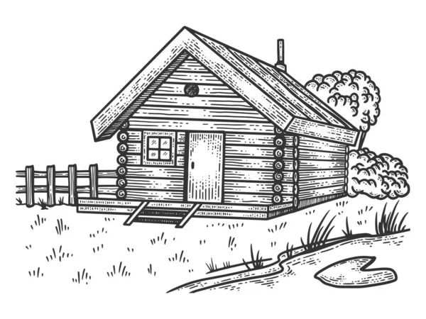 Bosquejo de casa de campo de madera grabado ilustración vector. Diseño de estampado de ropa de camiseta. Scratch board imitación. Imagen dibujada a mano en blanco y negro . — Vector de stock