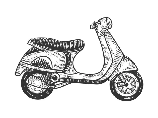 Scooter boceto grabado vector ilustración. Diseño de estampado de ropa de camiseta. Scratch board imitación. Imagen dibujada a mano en blanco y negro . — Vector de stock