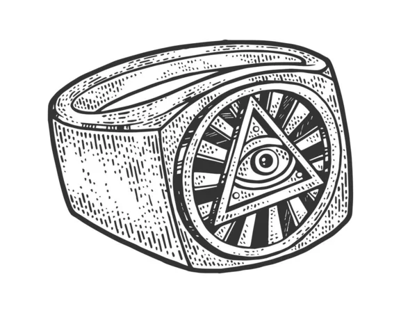 Auge Gottes Vorsehung Ring Freimaurersymbol Skizze Gravur Vektorillustration. Scratch-Board-Imitat. Handgezeichnetes Schwarz-Weiß-Bild. — Stockvektor