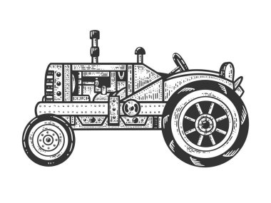Old tractor sketch engraving vector illustration. T-shirt apparel print design. Scratch board imitation. Black and white hand drawn image.