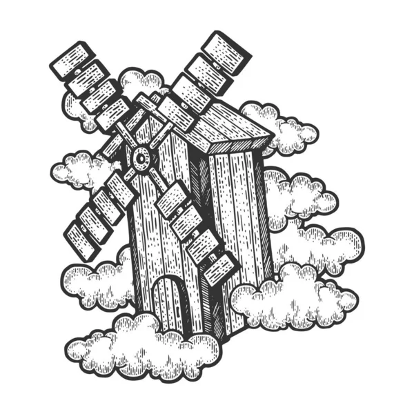 Flying windmill sketch engraving vector illustration. T-shirt apparel print design. Scratch board imitation. Black and white hand drawn image. — ストックベクタ