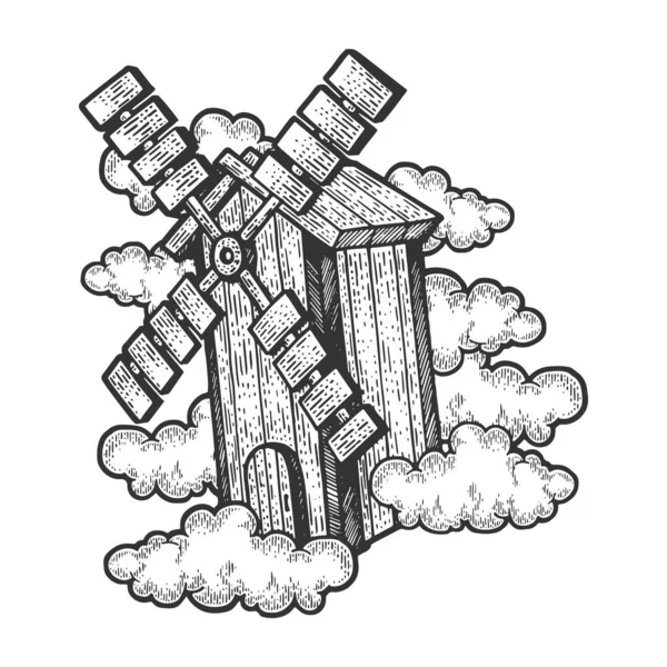 Летающий набросок ветряной мельницы, гравировка векторной иллюстрации. Дизайн одежды для футболок. Имитация Доски Царапин. Черно-белое изображение . — стоковый вектор