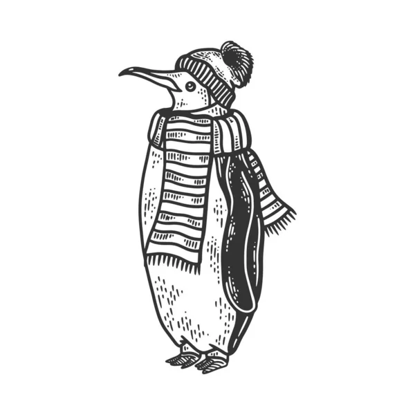 Col d'oiseau pingouin est enveloppé dans l'écharpe et chapeau d'hiver croquis gravure vectorielle illustration. T-shirt imprimé design. Imitation de carte à gratter. Image dessinée à la main noir et blanc . — Image vectorielle