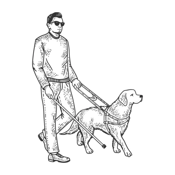 Ciego hombre y guía perro boceto grabado vector ilustración. Diseño de estampado de ropa de camiseta. Scratch board imitación. Imagen dibujada a mano en blanco y negro . — Vector de stock