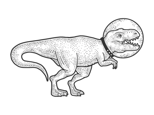 Astronaut tecknad Tyrannosaurus dinosaurie djur i glas hjälm skiss gravyr vektor illustration. T-shirt kläder tryck design. Skrapbrädesimitation. Svart och vit handritad bild. — Stock vektor