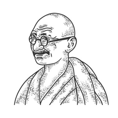 Mahatma Gandhi portresi kabartma vektör çizimi. Tişört giysisi baskısı tasarımı. Çizik tahtası taklidi. Siyah beyaz el çizimi resim.