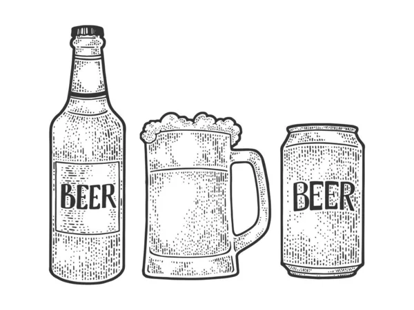La taza de la botella de cerveza puede bosquejar ilustración vectorial de grabado. Diseño de estampado de ropa de camiseta. Scratch board imitación. Imagen dibujada a mano en blanco y negro . — Vector de stock