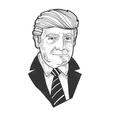 Donald Trump portre çizimi, kabartma vektör çizimi. Tişört giysisi baskısı tasarımı. Çizik tahtası taklidi. Siyah beyaz el çizimi resim.