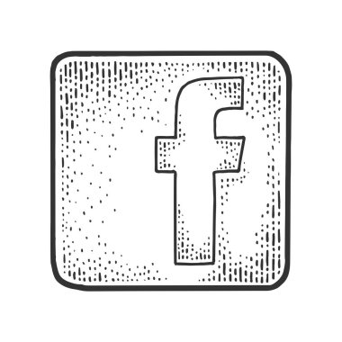 Facebook logosu çizimi, kabartma vektör çizimi. Tişört giysisi baskısı tasarımı. Çizik tahtası taklidi. Siyah beyaz el çizimi resim.