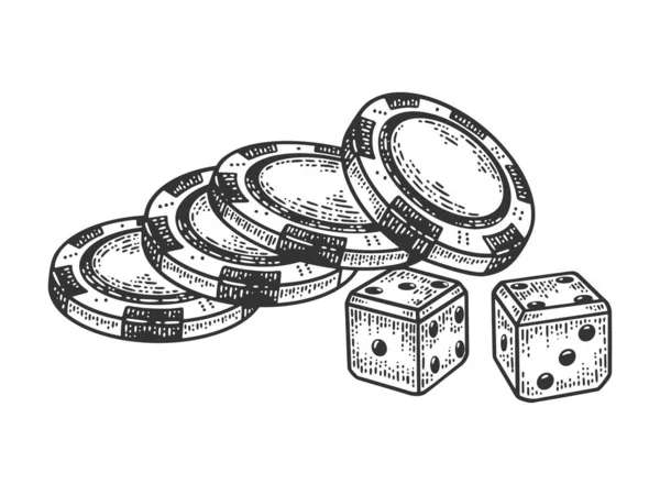 Casino dados e chips esboço gravura vetor ilustração. T-shirt design de impressão de vestuário. Imitação de raspadinha. Imagem desenhada à mão preto e branco . —  Vetores de Stock