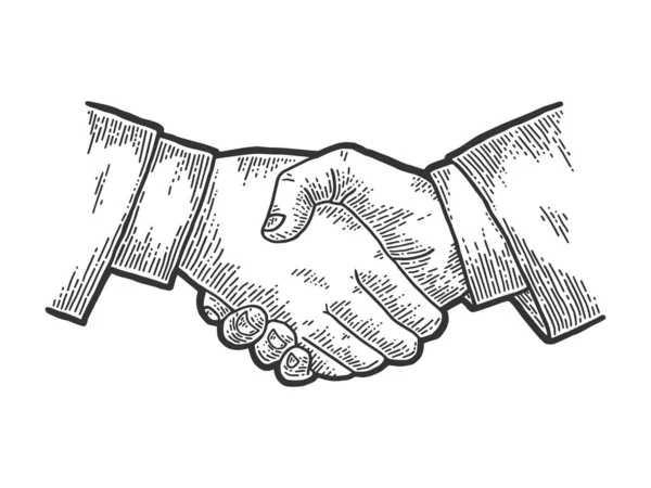 Empresário handshake esboço gravura vetor ilustração. T-shirt design de impressão de vestuário. Imitação de raspadinha. Imagem desenhada à mão preto e branco . — Vetor de Stock