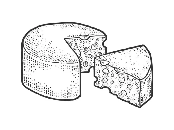 Queijo cabeça esboço gravura vetor ilustração. T-shirt design de impressão de vestuário. Imitação de raspadinha. Imagem desenhada à mão preto e branco . — Vetor de Stock