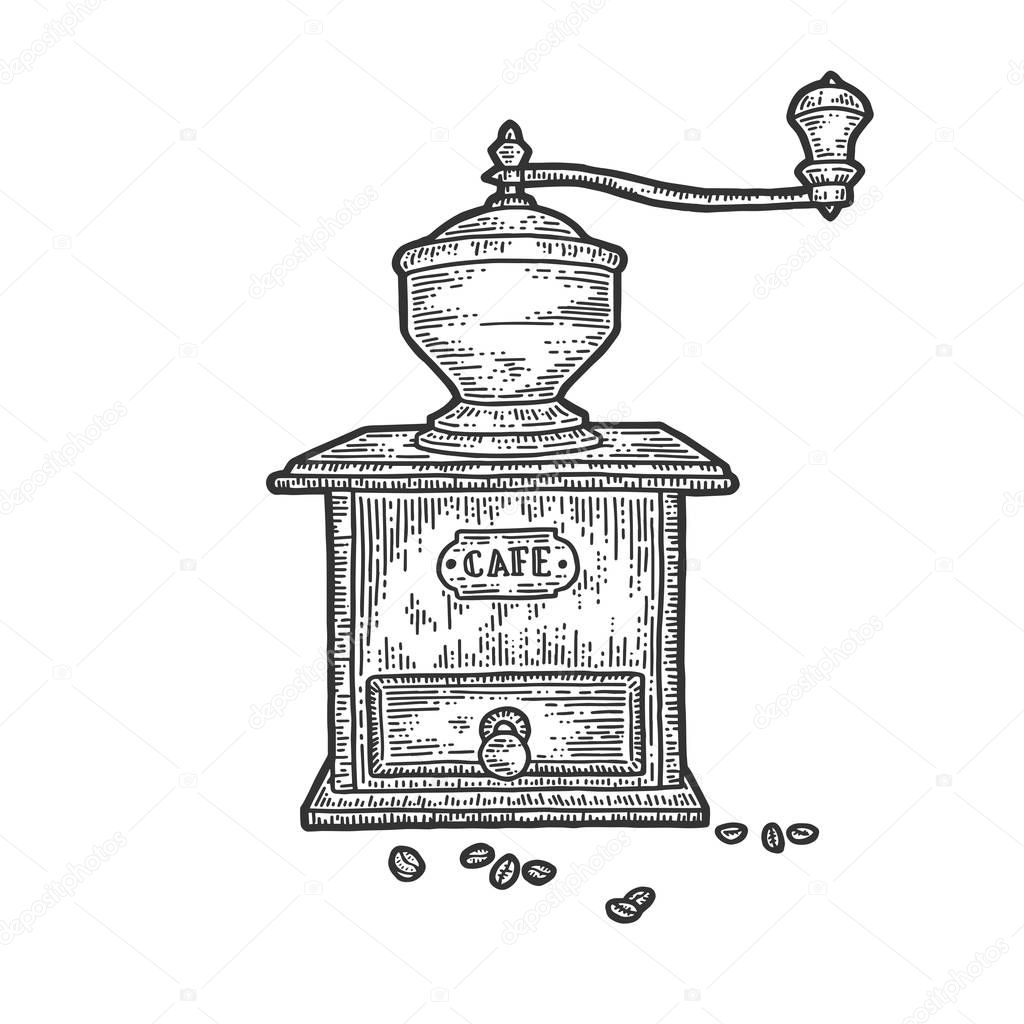 Old coffee grinder sketch engraving vector illustration. T-shirt apparel print design. Scratch board imitation. Black and white hand drawn image.