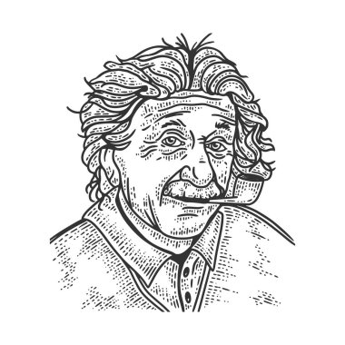 Albert Einstein 'ın portre çizimi, kabartma vektör çizimi. Tişört giysisi baskısı tasarımı. Çizik tahtası taklidi. Siyah beyaz el çizimi resim.