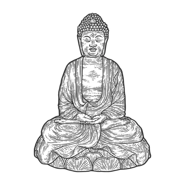 Mediterar buddha i lotusställning gravyr vektorillustration. Repa styrelsen stil imitation. Svart och vitt handen ritade bilden. — Stock vektor