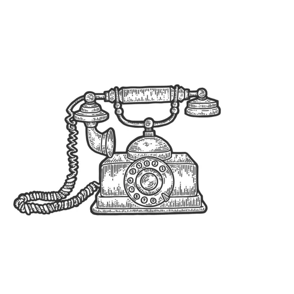 Oude Rotary dial telefoon schets gravure vector illustratie. Imitatie van Scratch board stijl. Zwart-wit hand getekende afbeelding. — Stockvector