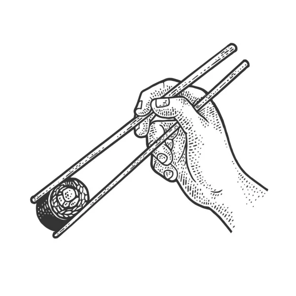Rollo de sushi en palillos boceto grabado vector ilustración. Diseño de estampado de ropa de camiseta. Scratch board imitación. Imagen dibujada a mano en blanco y negro . — Vector de stock