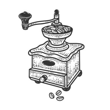 Eski kahve öğütücüsü kabartma vektör çizimi. Tişört giysisi baskısı tasarımı. Çizik tahtası taklidi. Siyah beyaz el çizimi resim.