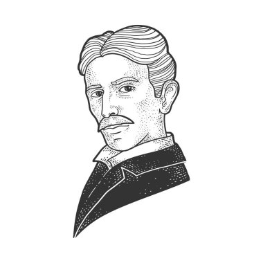 Nikola Tesla portre çizimi, kabartma vektör çizimi. Tişört giysisi baskısı tasarımı. Çizik tahtası taklidi. Siyah beyaz el çizimi resim.