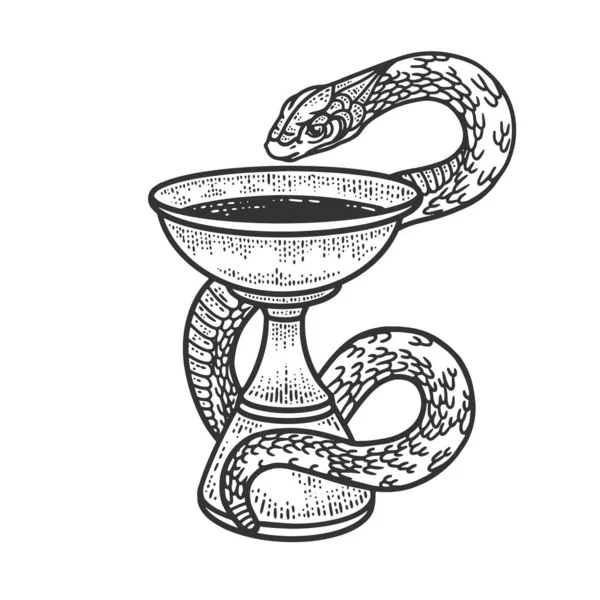 Hygieia 의 평원 (Bowl of Hygieia) 은 약국 스케치 조각 벡터 삽화의 상징이다. 티셔츠 의류 인쇄 디자인. 스크래치 보드 모방. 손으로 그린 흑백 그림. — 스톡 벡터