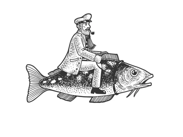 Capitán pescador a caballo boceto de pescado grabado vector ilustración. Diseño de estampado de ropa de camiseta. Scratch board imitación. Imagen dibujada a mano en blanco y negro . — Vector de stock