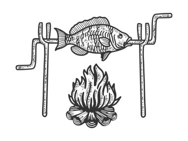 Şenlik ateşi balık çizimi, kabartma vektör çizimi. Tişört giysisi baskısı tasarımı. Çizik tahtası taklidi. Siyah beyaz el çizimi resim.