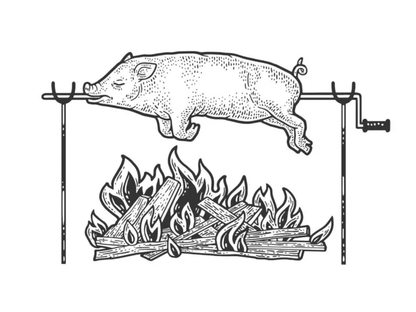 Бонфайр свинячий свинячий ескіз гравіювання Векторні ілюстрації. Дизайн футболки для друку. Імітація дошки подряпин. Чорно-біле намальоване зображення руки . — стоковий вектор