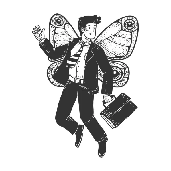 Бізнесмен з крилами метелика ескіз гравіювання Векторні ілюстрації. Дизайн футболки для друку. Імітація дошки подряпин. Чорно-біле намальоване зображення руки . — стоковий вектор