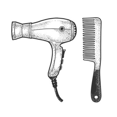 Saç kurutma makinesi ve kabartma kabartma vektör çizimi. Tişört giysisi baskısı tasarımı. Çizik tahtası taklidi. Siyah beyaz el çizimi resim.