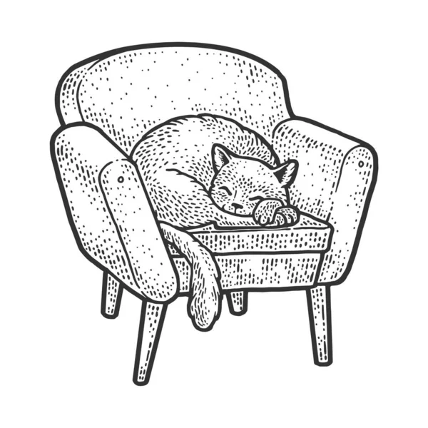 Gato durmiendo en un acogedor sillón boceto grabado vector ilustración. Diseño de estampado de ropa de camiseta. Scratch board imitación. Imagen dibujada a mano en blanco y negro . — Vector de stock