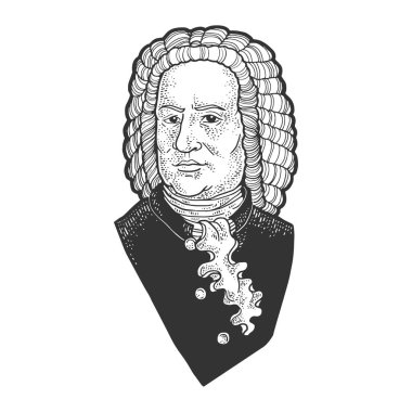 Johann Sebastian Bach, kabartma vektör çizimi portresi. Tişört giysisi baskısı tasarımı. Çizik tahtası taklidi. Siyah beyaz el çizimi resim.