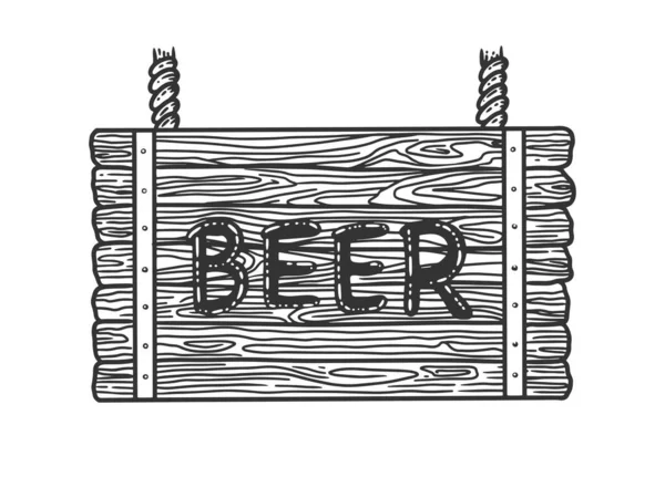 Beer wooden signboard sketch engraving vector illustration. T-shirt apparel print design. Scratch board imitation. Black and white hand drawn image. — Stock Vector