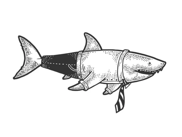 鲨鱼商人在一个商务西装草图雕刻矢量插图。T恤服装印花设计。刮板仿制。黑白手绘图像. — 图库矢量图片