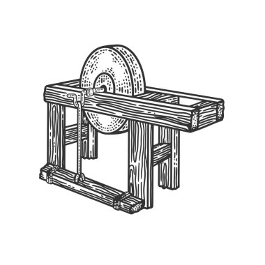 Kıyma makinesi çizimi, kabartma vektör çizimi. Tişört giysisi baskısı tasarımı. Çizik tahtası taklidi. Siyah beyaz el çizimi resim.