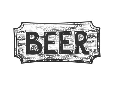 Bira ahşap tabela taslağı oyma vektör çizimi. Tişört giysisi baskısı tasarımı. Çizik tahtası taklidi. Siyah beyaz el çizimi resim.