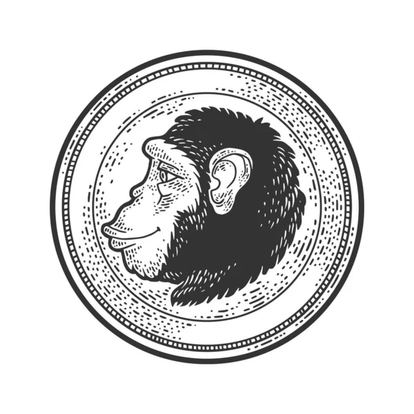 Macaco Perfil Moeda esboço gravura vetor ilustração. T-shirt design de impressão de vestuário. Imitação de raspadinha. Imagem desenhada à mão preto e branco . — Vetor de Stock