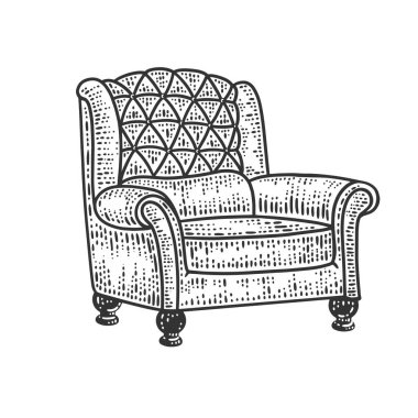 Koltuk çizimi, kabartma vektör çizimi. Tişört giysisi baskısı tasarımı. Çizik tahtası taklidi. Siyah beyaz el çizimi resim.