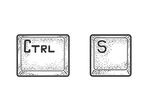 Ovládání S klávesnice počítače Uložit kombinaci náčrtu rytí vektorové ilustrace. Design trička s potiskem. Stírací deska imitace. Černobílý ručně kreslený obrázek. — Stockový vektor