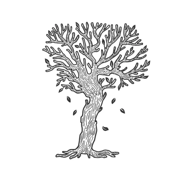 Дерево без наброска листьев, гравировка векторной иллюстрации. Дизайн одежды для футболок. Имитация Доски Царапин. Черно-белое изображение . — стоковый вектор