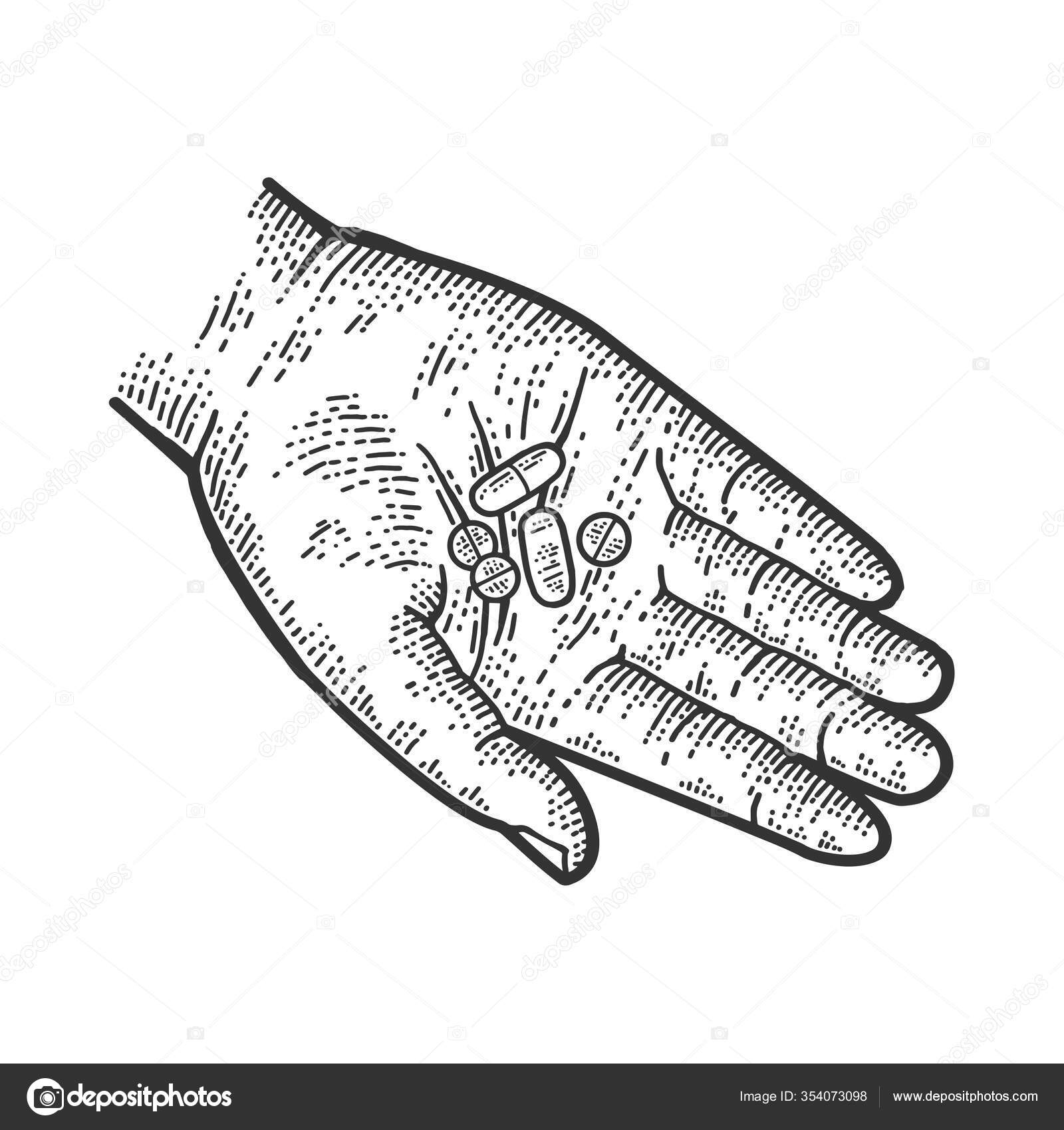 Medicin narkotika piller i hånden skitse gravering vektor illustration.  T-shirt tøj print design. Efterligning af skrabelodder. Sort og hvid  håndtegnet billede . Stockvektor af ©AlexanderPokusay 354073098, image size:1600x1700