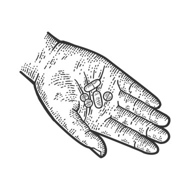 El çizimindeki ilaç hapları kabartma vektör çizimi. Tişört giysisi baskısı tasarımı. Çizik tahtası taklidi. Siyah beyaz el çizimi resim.