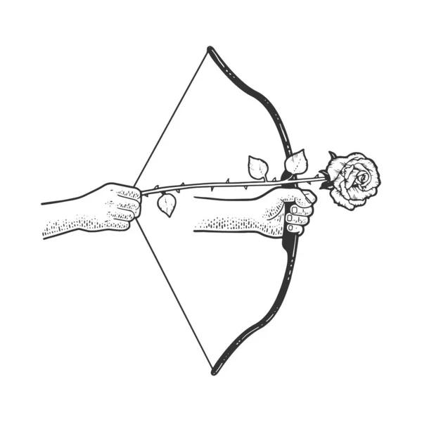 带有玫瑰花箭的弓的草图刻字矢量插图。T恤服装印花设计。刮板仿制。黑白手绘图像. — 图库矢量图片